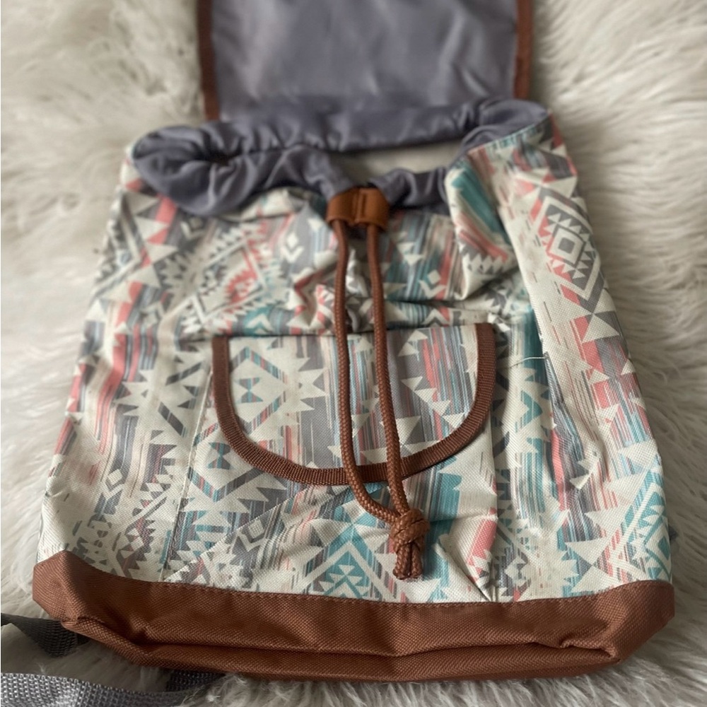 Geometric Patterned Backpack With Brown Accents - image 4